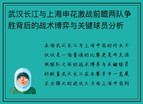 武汉长江与上海申花激战前瞻两队争胜背后的战术博弈与关键球员分析